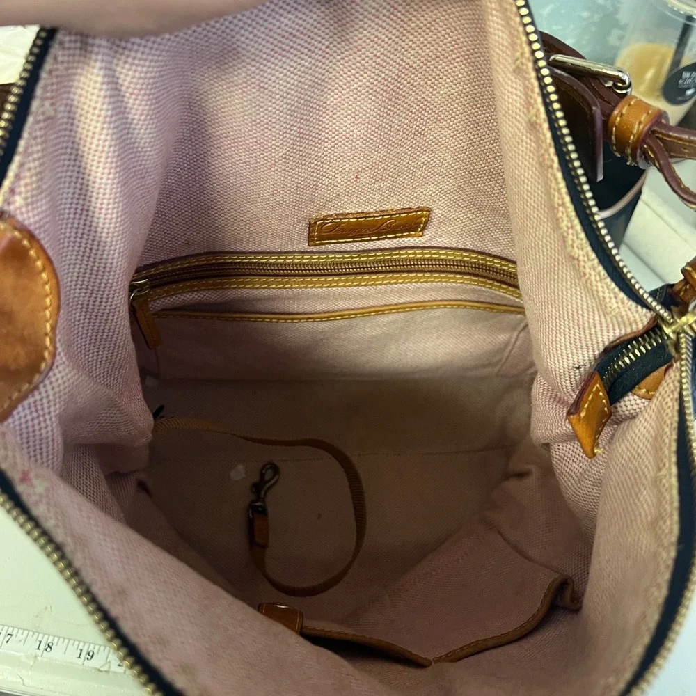 Dooney & Bourke Navy Blue Pebbled Leather Hobo Bag Tan Trim Braided Strap